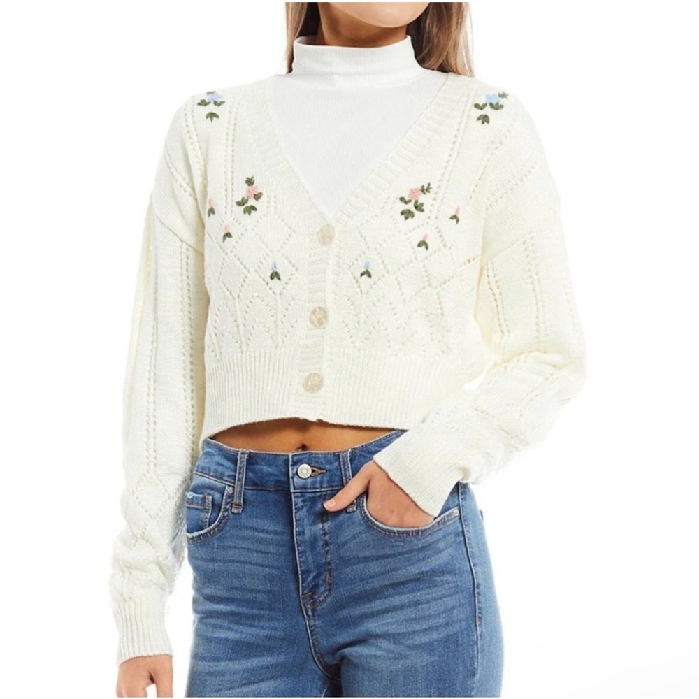 Evolutionary Womens Floral Embroidered Pointelle Cottagecore Cardigan Ivory M
